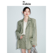 indicia标记春季品质女装纯棉复古绿色牛仔西装外套女休闲