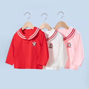 迪士尼童装女童长袖T恤条纹翻领海军学院风气质上衣粉白红米妮潮