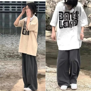 夏季原宿风两件套装女学生复古印花短袖T恤+深灰色阔腿长裤子