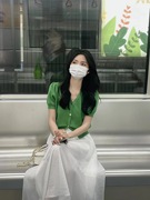 韩版绿色短袖纱裙套装2022通勤拼接中腰单排扣纯色上衣裙子两件套