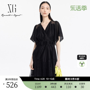 xg雪歌镂空钩花设计黑色，连衣裙2024夏季蕾丝，拼接高腰a字裙女