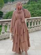 跨境女装亚马逊欧美女装中东时尚拼接三层雪纺飘逸开衫连衣裙长袍