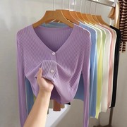 紫色V领针织开衫女短款外搭小外套夏季修身薄款披肩防晒上衣