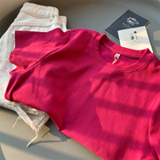 韩版修身玫红色T恤女短款短袖体恤夏季圆领纯色正肩高级感上衣服
