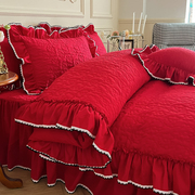 中国红婚庆水洗棉绗缝四件套加厚韩式床裙床盖百褶荷叶边双人
