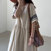 韩国chic夏季复古圆领拼接撞色设计宽松五分袖大摆型连衣裙长裙女