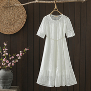 夏季女装甜美圆领短袖系带收腰白色，连衣裙文艺清纯百搭蕾丝长裙女