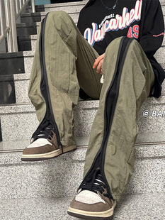 黑色冲锋裤男防水防风尼龙宽松直筒，休闲长裤美式vibe机能高街裤子