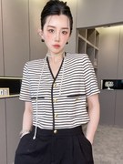 RR fashion 条纹连体短裤女2024夏季拼接假两件V领高腰连体裤