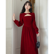 红色连衣裙女秋冬长袖，订婚敬酒服小香风气质，法式高级感礼服长裙子