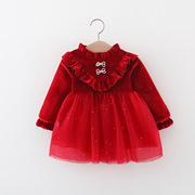 女童红色连衣裙春秋款儿童立领公主裙2周岁宝宝洋气网纱裙子1-3岁