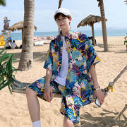 夏季沙滩套装男花衬衫时尚休闲运动夏威夷情侣海边旅游度假两件套