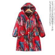 加绒花棉袄冬季外贸女装复古风保暖单排扣长袖连帽棉衣15866