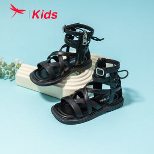 红蜻蜓女童鞋夏季罗马凉鞋简约英伦，复古编织中大童沙滩鞋
