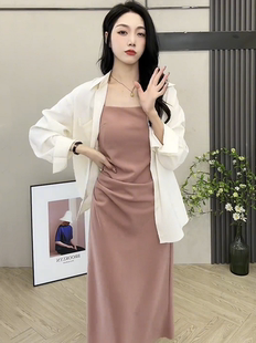 2024春夏女韩版时尚气质背后开衩衬衫设计感长款吊带裙套装