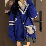 单件套装秋冬v领字母拼色毛衣针织衫，女学生韩版+长袖衬衫两件套