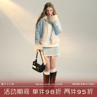 NS76设计感牛仔羊羔毛领短款夹棉加厚棉服外套包臀短裙加绒两件套