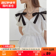 范洛2024夏季蝴蝶结法式V领泡泡袖衬衫女设计感小众短袖上衣