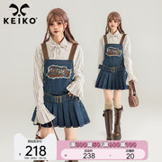 keiko美式复古牛仔背带连衣裙，2024春夏甜辣洋装无袖收腰显瘦短裙