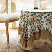 法式美式田园风蕾丝荷叶边纯棉长方正方形桌布台布床头盖布沙发巾