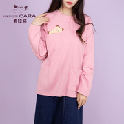 HIKOSEN CARA卡拉猫长袖T恤日本原创设计可爱猫咪粉色蓝色女上衣