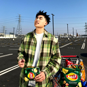sanbai叁佰牛油果长袖格子衬衫男士，时髦慵懒风，绿色格纹休闲上衣