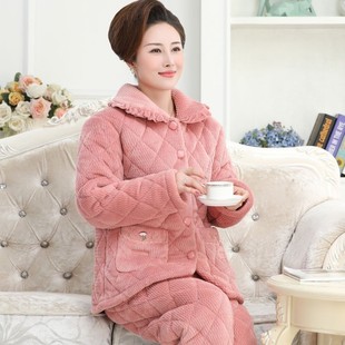 睡衣女士冬季款珊瑚绒三层加厚夹棉袄法兰保暖翻领超可外穿家居服