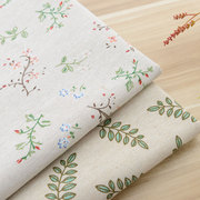 印花棉麻布料绿叶栀子花手工，diy布头桌布，沙发布亚麻布花布背景布