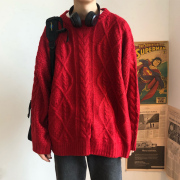 冬季时尚纯色扭花加厚毛衣男装，圆领套头宽松针织衫麻花毛线衫红色