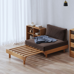 实木沙发床橡木现代简约抽拉小户型折叠榻榻米，1.2伸缩单人床1.3米