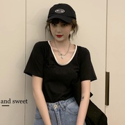 黑色短袖t恤女2021年夏装，韩版简约撞色大领口修身显瘦v领上衣