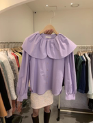 设计韩国东大门春季娃娃，领复古甜美宽松紫色长袖，衬衫上衣女潮