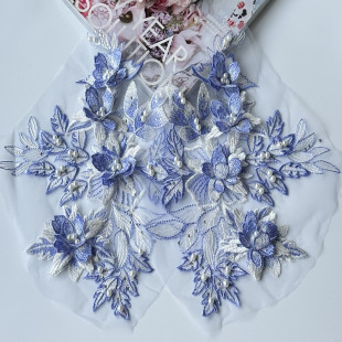 粉蓝紫色立体花朵刺绣布贴网纱蕾丝，钉珠补丁片，婚纱旗袍衣服裙辅料