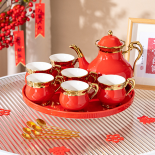 欧式喜庆杯子套装结婚高颜值红色陶瓷茶具客厅茶杯水杯礼盒装
