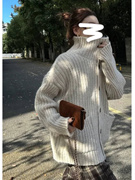 美拉德咖色立领毛衣女秋冬季宽松外穿中长款单排扣粗线针织衫外套