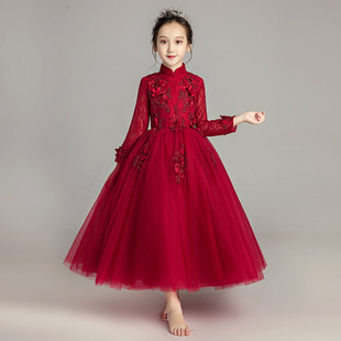 女童生日公主裙酒红色长袖晚礼服蓬蓬纱儿童钢琴演出服婚纱裙花童