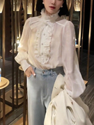 新中式白色衬衫女春季欧货长袖上衣小个子泡泡灯笼袖国风宽松衬衣