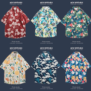 夏威夷花衬衫男泰国风餐厅短袖衬衫，复古潮流痞帅度假沙滩宽松衬衣