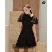泰国设计师品牌CPN泡泡袖黑色蕾丝连衣裙