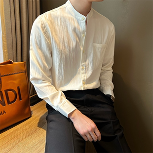 nr先生韩版休闲立领纯白色衬衫男士，带口袋设计感简约轻奢风衬衣潮