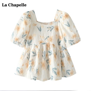 拉夏贝尔lachapelle夏季方(夏季方)领泡泡，袖碎花衬衫女短袖小衫上衣