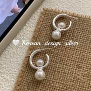 韩国小众设计高级感耳饰品纯银大小贝珠弧形创意耳环女珍珠