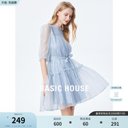 Basic House/百家好泡泡袖连衣裙女夏季垂感薄款雪纺裙子