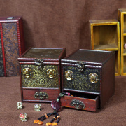高档木制仿古风首饰盒梳妆盒带镜做旧中式首饰收纳盒婚庆道具复古
