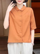 橘色短袖棉麻衬衫，女夏2024年大码休闲洋气妈妈亚麻娃娃领上衣