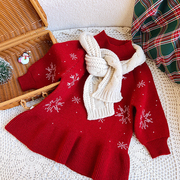 女童毛线针织连衣裙冬装，儿童长袖红色新年圣诞裙子，宝宝洋气公主裙