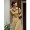 断码7折法式复古腰封衬衫黄色，连衣裙女优雅夏短袖(夏短袖)中长款
