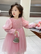 女童粉色连衣裙洋气春款纱裙，长袖亮片小女孩，裙子女宝宝生日公主裙