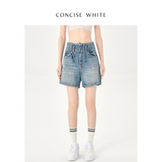 concise-white简白胶囊系列复古蓝高腰牛仔短裤秋冬