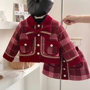 女童红色小香风套装冬季名媛风儿童女宝宝加棉时髦洋气套裙两件套
